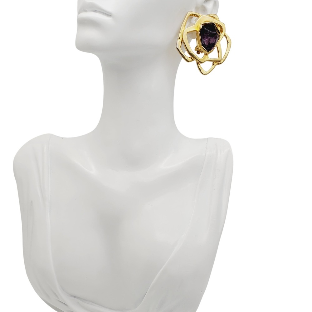 Huge‎ Clip On Earrings Gold Tone Amethyst Purple Acrylic Stone Runway Modernist